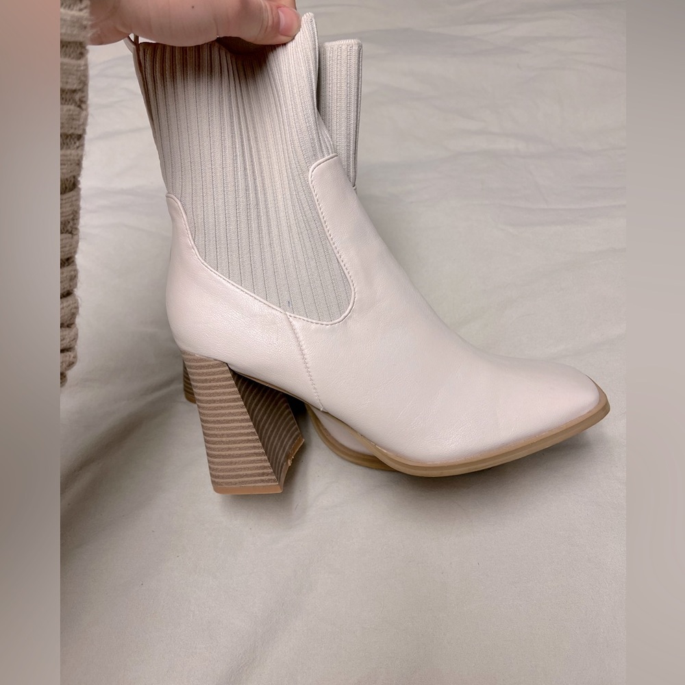 Lulu’s Ivory Bone Square Toe Mid-Calf Sock Boots Size 8.5